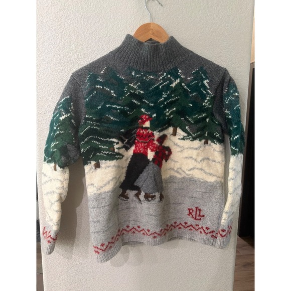 Ralph Lauren Sweaters - RALPH LAUREN Hand Knit Wool Ice skating Sweater GRAY RED GREEN 90s SMALL FLAWD